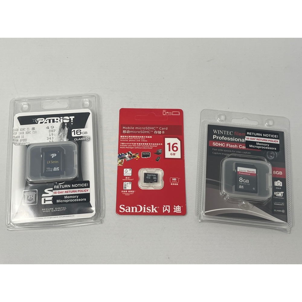 Lot of 3 SD Memory Cards Patriot 16GB SanDisk 16GB Wintec 8GB New Sealed